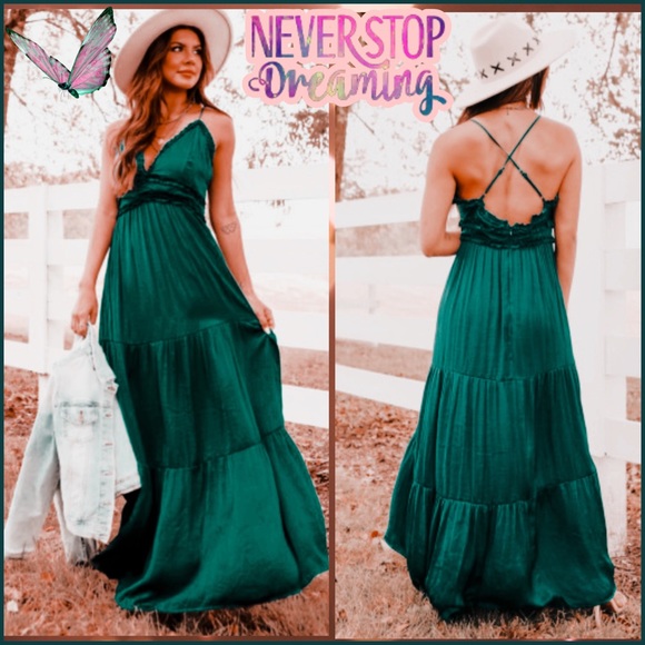 EMERALD GREEN CROSS BACK FRILLED TIERED MAXI DRESS Sz Small - Picture 10 of 10